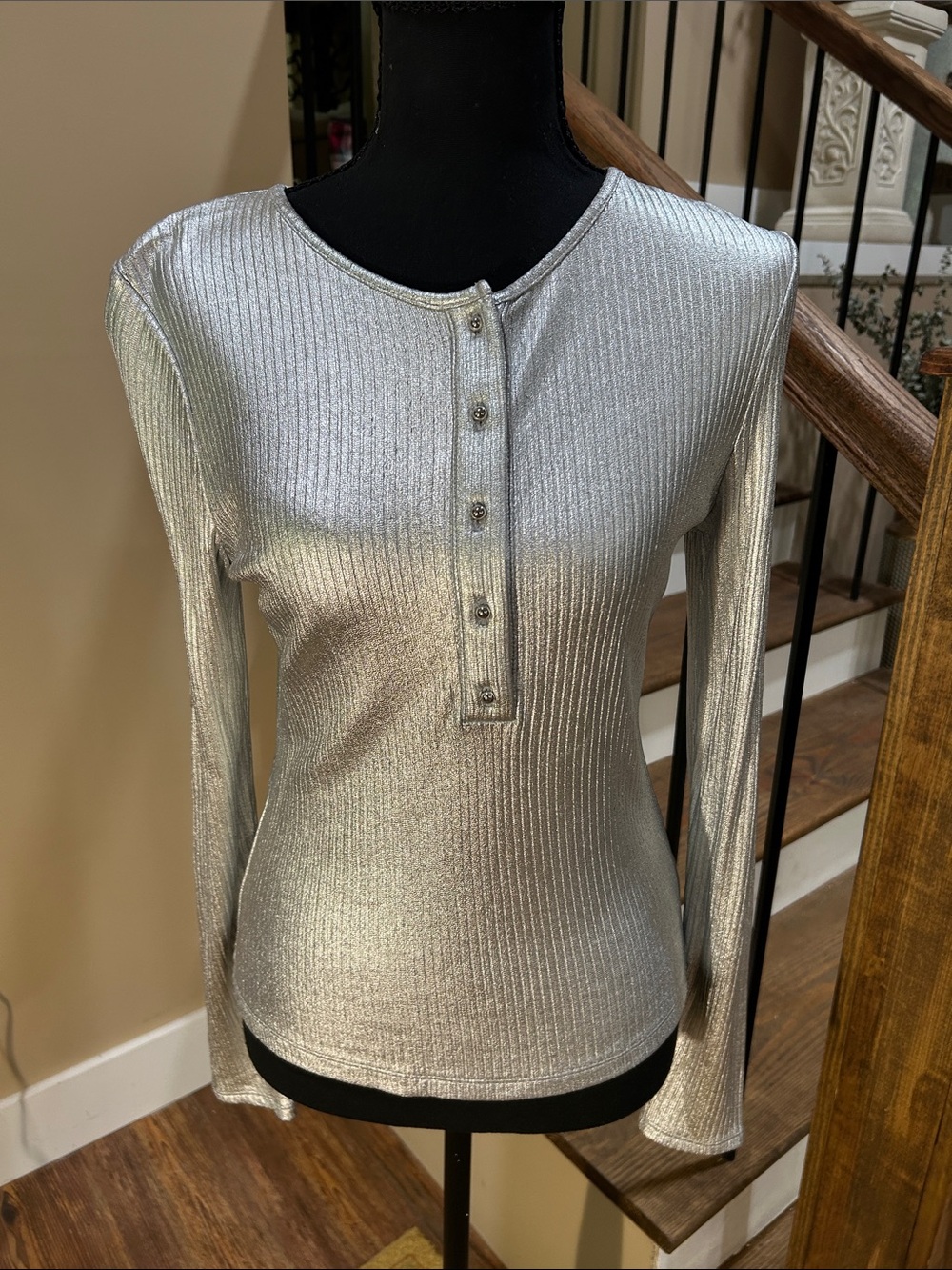 NWTS! Express women S Silver Metallic Ribbed Henley Long Sleeve Top